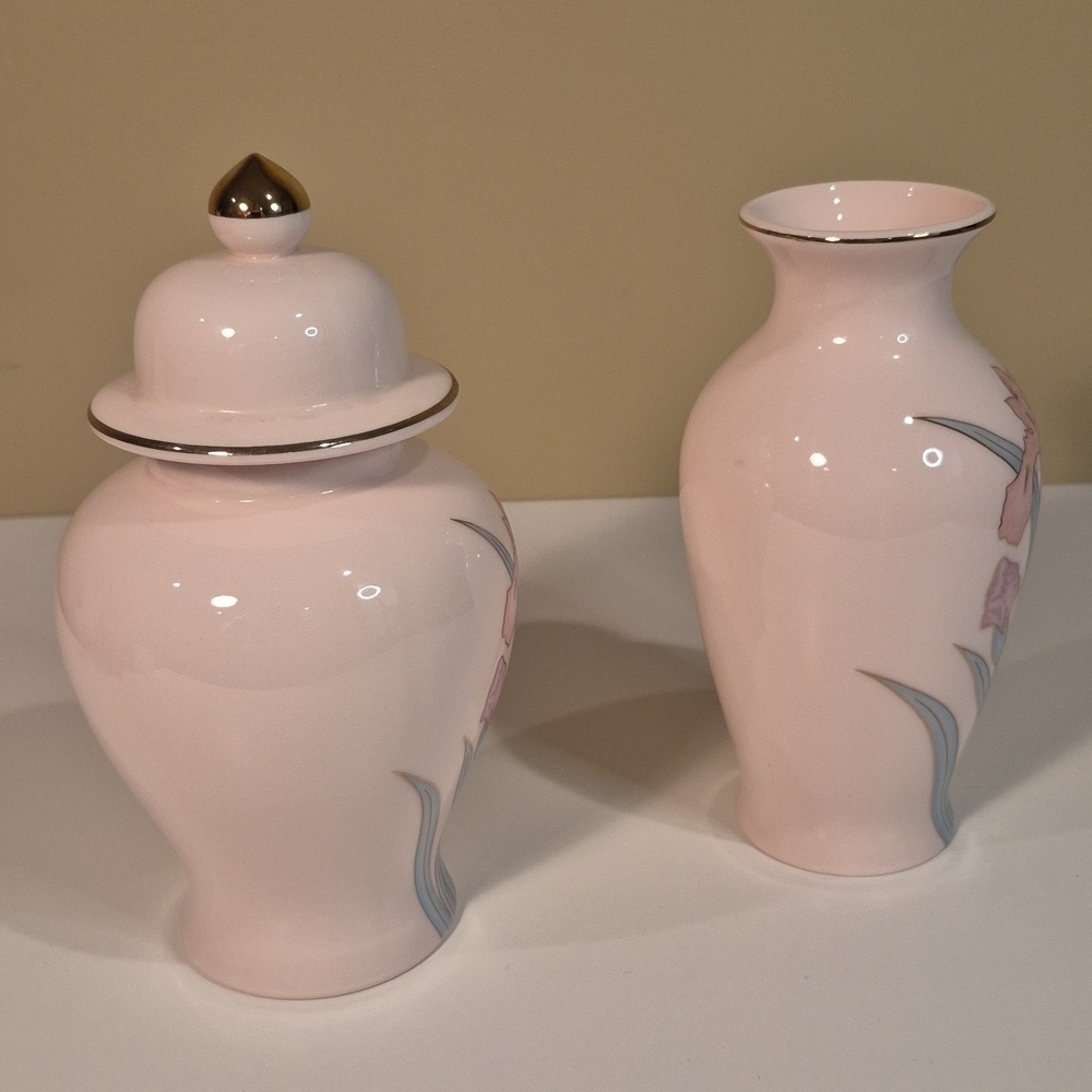 YAMA JI Vintage 80s Pink Floral Vase And Matching Lidded Ginger Jar Set - Picture 3 of 16